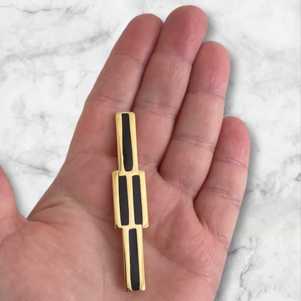 Signed Trifari Long Gold Tone Black Enamel Brooch Geometric Design